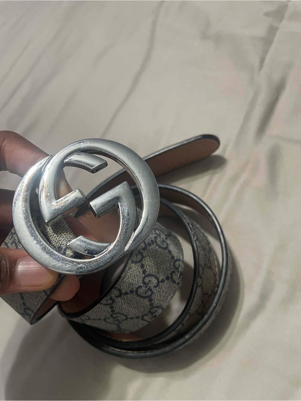 Gucci Beige GG Canvas Belt with Silver Double G Buckle